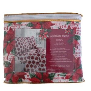 Lifestyles‎ Home King Sheet Set Red White Floral Christmas Holidays 4pc NEW